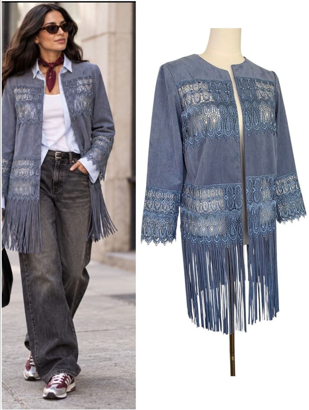 Slate Blue Faux Suede Fringe Open Front Duster Wester Boho Chico’s 0